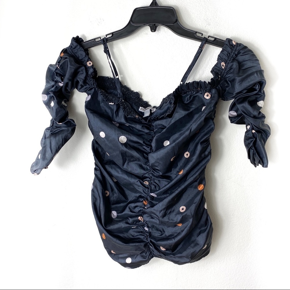 Chelsea28 Dot Print Ruffle Ruched Off Shoulder Top - Picture 3 of 9